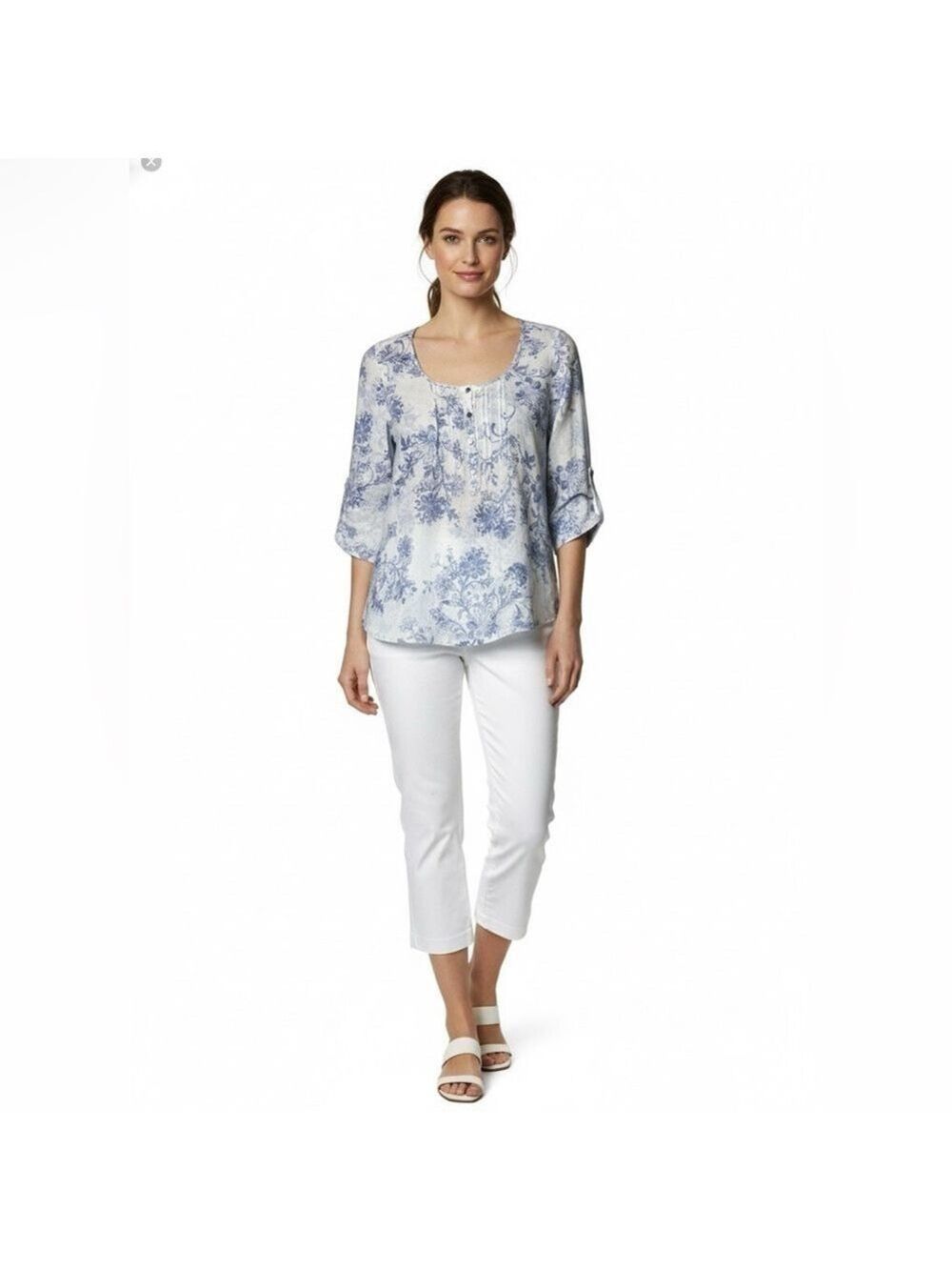 MARKS & SPENCER 100% Linen with Love White Blue 3/4 Roll Tab Sleeve Top Sz S